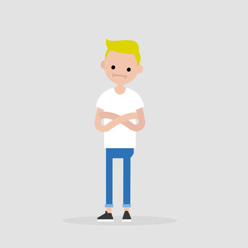 Young doubting character standing with crossed arms and tilting head. Negative emotions. Concern. / flat editable vector illustration