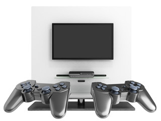 Multiplayer game concept on the console Illustration of joysticks on TV background without shadow 3d render