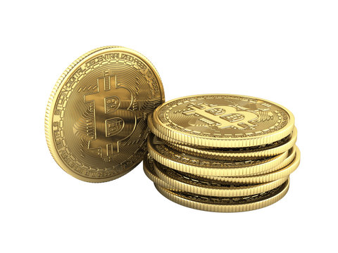 Bitcoin Pile of coins 3D isometric Physical bit coin in gold Digital currency Cryptocurrency Golden coins with symbol isolated on white background 3d render illustration without shadow