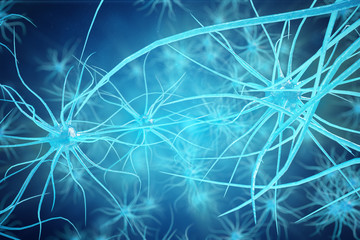 Fototapeta premium Conceptual illustration of neuron cells with glowing link knots. Synapse and Neuron cells sending electrical chemical signals. Neuron of Interconnected neurons with electrical pulses. 3D illustration