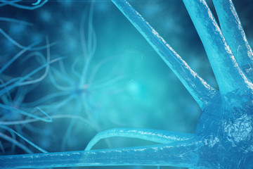 Conceptual illustration of neuron cells with glowing link knots. Synapse and Neuron cells sending electrical chemical signals. Neuron of Interconnected neurons with electrical pulses. 3D illustration