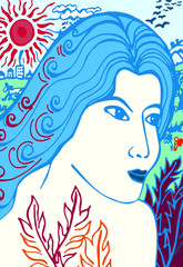 Dessin abstrait d'une femme aux cheveux longs à la campagne en couleurs