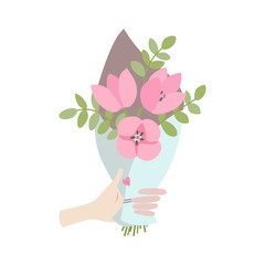 A Male hand gives spring bouquet of flowers. Valentines day, Wedding bouquet flowers, birthday bouquet flowers. Vector illustration in flat design - 191347082
