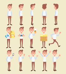 Set of young man in different poses. Vector cartoon character in a flat style for your projects. 