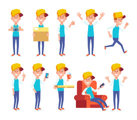 Set of young man in different poses. Vector cartoon character in a flat style for your projects. 