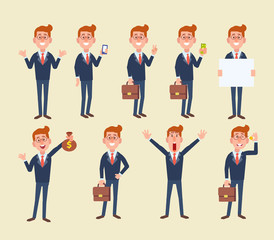 Set of business man in different poses. Vector cartoon character in a flat style for your projects. 
