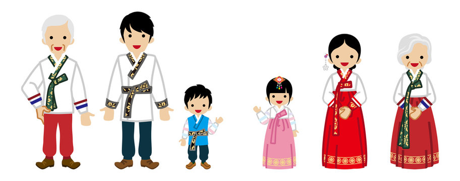 Korean Multi-Generation Family Wearing Traditional costume -Front view