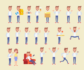 Set of young man in different poses. Vector cartoon character in a flat style for your projects. 