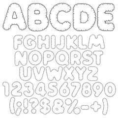 Shaggy alphabet, letters, numbers and signs. Isolated vector objects on white background.