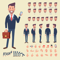 	 Front, side, back view animated character. Business man character constructor with various views, hairstyles, poses and gestures. Cartoon style, flat vector illustration.