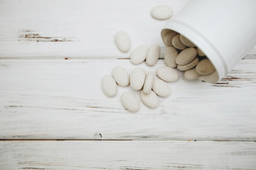 Animal pet care. Vitamins pills for pets on white board background, close up, top view. Pet care and veterinary concept