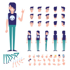 Front, side, back view animated character. Teenager boy character creation set with various views, hairstyles, face emotions, poses and gestures. Cartoon style, flat vector illustration. 