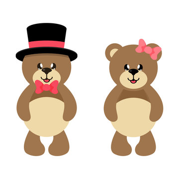 cartoon cute lovely bear in hat and bear girl with bow set