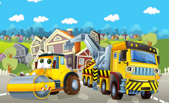 Cartoon tow truck and road roller - illustration for children
