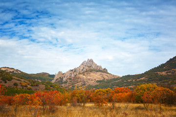 Rocks of the extinct volcano KaraDag in autumn day