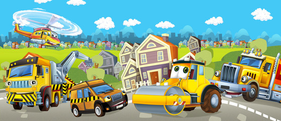 Cartoon tow truck road roller and pilot car - illustration for children
