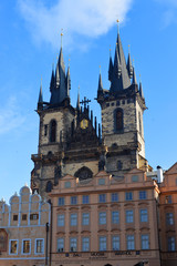 Fototapeta na wymiar View of the Tinsky church church on the square of the main old town. (Staré Město) in the Czech Republic Prague. On the Old Town Square (Staroměstské náměstí)