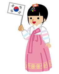 Korean Toddler Girl holding a National flag,Wearing Traditional clothing