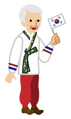 Korean Senior man holding a National flag,Wearing Traditional clothing