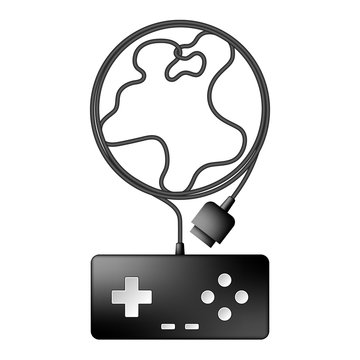 Gamepad or joypad black color and World globe symbol made from cable design illustration isolated on white background, with copy space