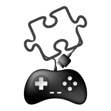 Gamepad or joypad black color and jigsaw puzzle shape made from cable design illustration isolated on white background, with copy space