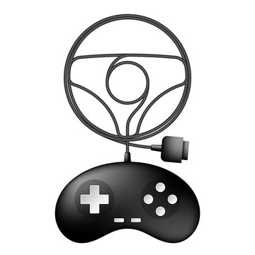 Gamepad or joypad black color and car steering wheel shape made from cable design illustration isolated on white background, with copy space