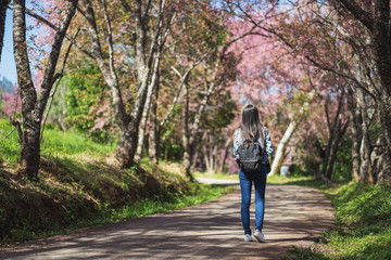 Fototapeta premium women legs and backpack walking on street ,concept of journey travel 