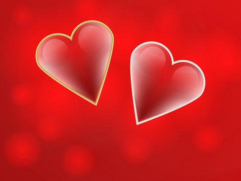 Happy Valentine`s day background, gold and chrome hearts in red bokeh backdrop, vector, EPS10