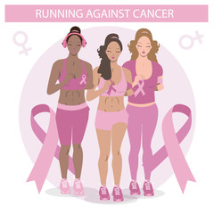 Cute group of girls running against cancer. Black and White Flat Illustration of Women.

