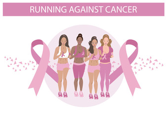 Cute group of girls running against cancer. Black and White Flat Illustration of Women.

