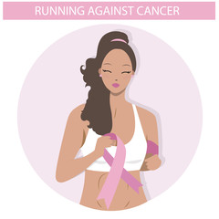 Cute Black girl running against cancer.  Flat Illustration of a Woman in vector