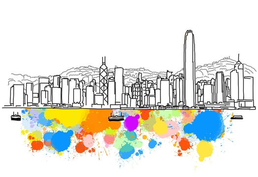 Colorful Hong Kong Skyline Sketch