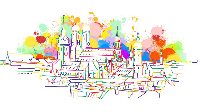 Colorful Munich Skyline Sketch