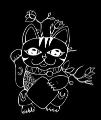 Lucky maneki neko cat. Traditional japanese symbol. Graphic illustration. Chalk on a blackboard
