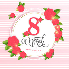 Happy Woman's Day text as celebration badge, tag, icon. Text card invitation, template. Festivity background. Lettering typography poster.