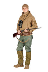 Full length portrait of a male hunter with double barreled shotgun Isolated on white background. hunting and people concept.