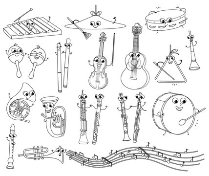 Set of funny coloring musical instruments for kids vector