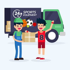 Sportman get product box from man courier and car delivery sport equipment from online shopping at home, digital age. Vector illustrator