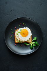 Toast with guacamole sauce from avocado, cheese, fried egg and fresh on black ceramic plate on dark concrete background. Selective focus. Top view.
