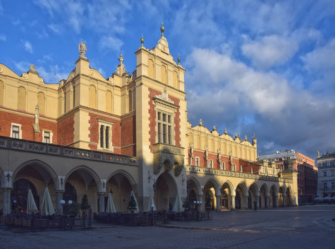 Cloth Hall on Main Market Square in Krakow, Poland at sunny morning