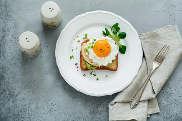 Toast with guacamole sauce from avocado, cheese, fried egg and fresh on white ceramic plate on gray concrete background. Selective focus. Top view.