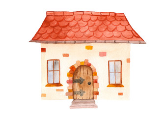 house with a tiled roof on a white background with watercolor