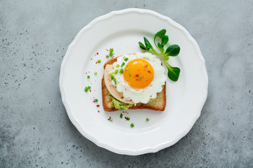 Toast with guacamole sauce from avocado, cheese, fried egg and fresh on white ceramic plate on gray concrete background. Selective focus. Top view.
