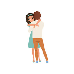 Beautiful brunette woman hugging her man, embraces of a loving couple vector Illustration