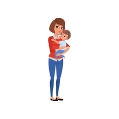 Mother holding her child on hands and embracing, happy mom and her son vector Illustration