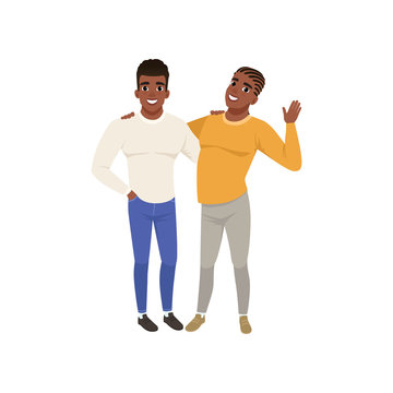 Couple of african american young men standing together and hugging, close friends embracing and smiling vector Illustration
