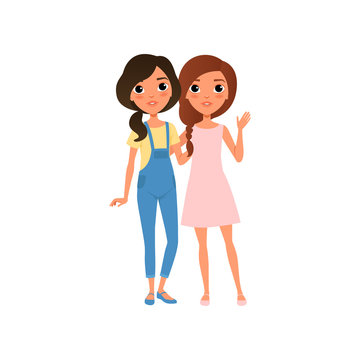 Couple of young women standing together and hugging, close friends embracing and smiling vector Illustration