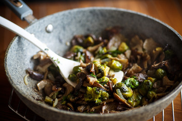 Brussels sprouts roasted with mushrooms