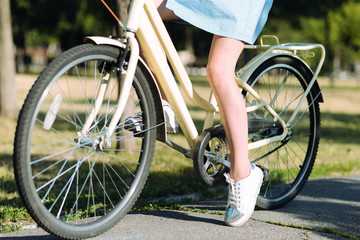 Transport vehicle. Close up of a modern bicycle being used by a nice pleasant girl for riding