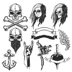 Set of tattoo elements for creating your own badges, logos, labels, posters etc. Isolated on white.